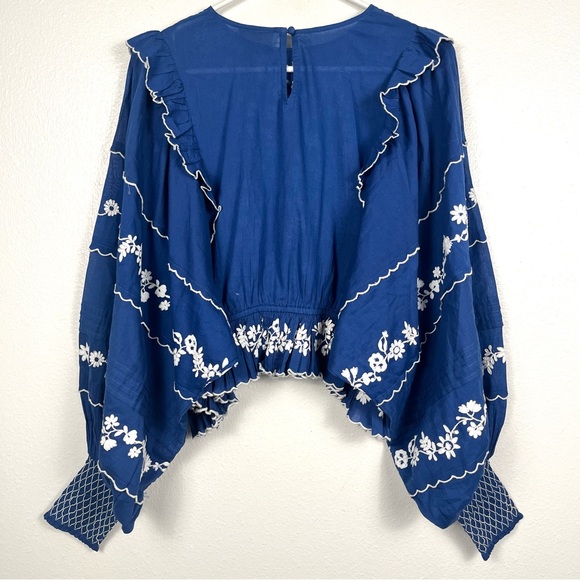 FARM Rio Blue and White Floral Embroidered Ruffled Blouse Top Medium - Picture 8 of 9